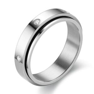Stainless Steel CZ Spinner Ring Silver Band Fidget Ring Minimalist Crystal Inlay